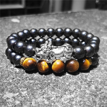 Stainless Steel Pixiu, Hematite & Tiger Eye Stone GOOD FORTUNE 2pc Bracelet Set
